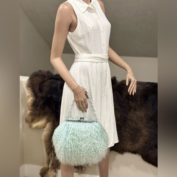 Aqua Handmade Real Mongolian Lamb Fur Kisslock Wristlet/Shoulder Bag, Crossbody - Picture 3 of 16